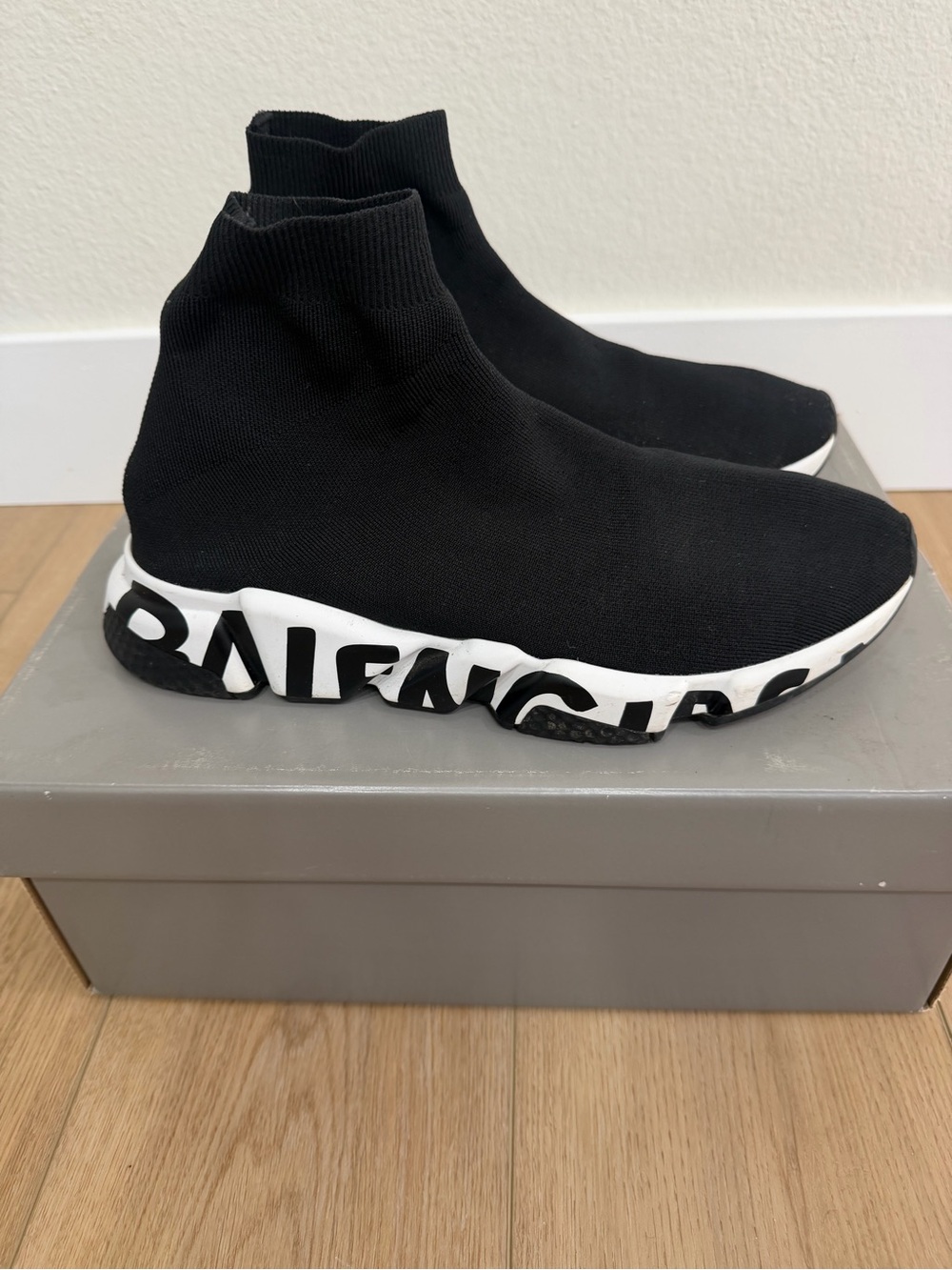 Balenciaga Black Knit High-Top Sock Sneakers with White Logo Sole
